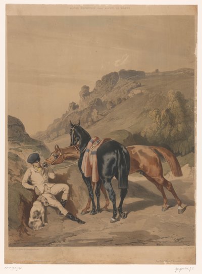 Due cavalli con cavaliere a riposo in un paesaggio (Paarden naar Alfred de Dreux) da Joseph Zephyris Gengembre