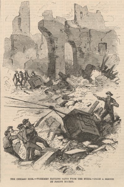 Operai che trasportano casseforti dalle rovine, illustrazione da Frank Leslie
