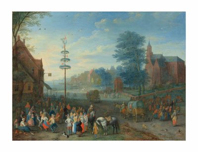 Una festa di paese con figure che danzano attorno a un palo di maggio da Joseph van Bredael
