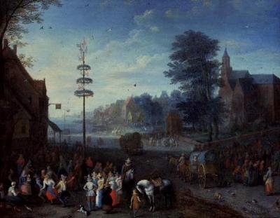 Festa del villaggio con abitanti che danzano intorno a un albero di maggio e viaggiatori su una strada da Joseph van Bredael