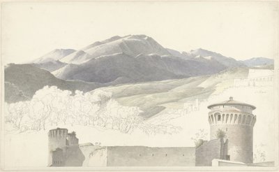 Paesaggio vicino a Subiaco e costruzione a Roma da Josephus Augustus Knip