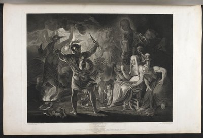 Macbeth. Atto IV. Scena I. Una caverna oscura. Al centro un calderone bollente. Tre streghe. Macbeth. Ecate. Macbeth affronta le streghe e le apparizioni; ai suoi piedi, dentro un serpente avvolto, stanno un bambino insanguinato e un bambino con una corona da Joshua (after) Reynolds