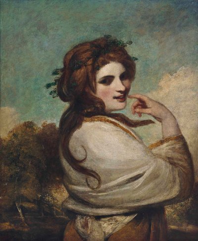 Ritratto di Emma, Lady Hamilton, come una Baccante, a mezzo busto, in un vestito giallo e scialle bianco, in un paesaggio da Joshua Reynolds