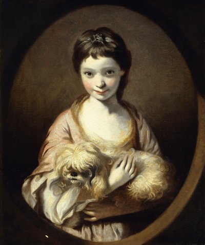 Ritratto di Miss Emilia Vansittart, mezzo busto, con un vestito rosa e bianco che tiene un cane da Joshua Reynolds