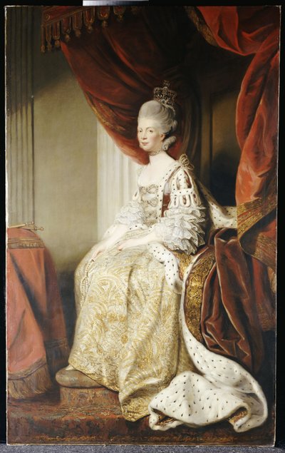 Ritratto della regina Charlotte, a figura intera, seduta in abiti di stato da Joshua Reynolds