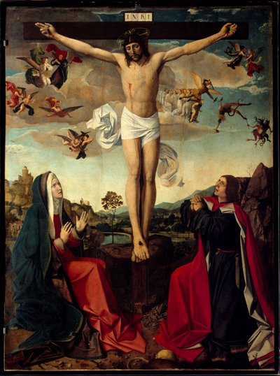 Calvario. Crocifissione con la Vergine Maria e San Giovanni ai piedi della croce. Iscrizione INRI sulla croce da Josse (fl.1493 1508) Lieferinxe