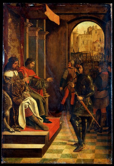 San Sebastiano davanti agli imperatori Diocleziano e Massimiano, fine XV secolo da Josse Lieferinxe