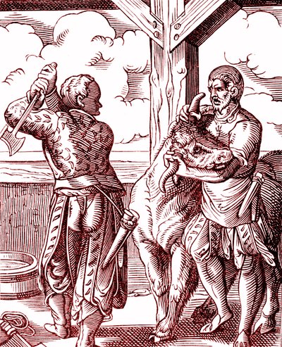 Un macellaio - Cibo e cucina nel Medioevo. Incisione di Jost Amman (1539-1591). Incisione 1878 da Jost (after) Amman