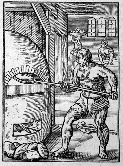 Un fornaio che cuoce il pane in un forno. Incisione di Jost Amman (1539-1591) XVI secolo. da Jost Amman