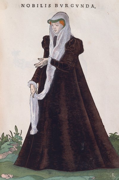 Nobile donna borgognona in costume tradizionale, incisione da Habitus praecipuorum popularum da Jost Amman