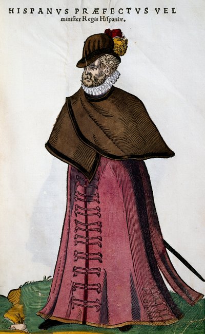 Costume del ministro della casa reale spagnola, incisione di Jost Amman (1539-1591) da Habitus praecipuorum populorum, virorum tam quam singulari foeminarum art depicti da Jost Amman