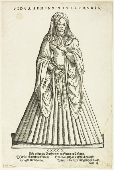 Vidua Senensis in Hetruria (Vedova di Siena in Toscana) dal Trachtenbuch di H. Weigel, lastra 51 da Woodcuts from Books of the XVI Century (xilografie da libri del XVI secolo) da Jost Amman