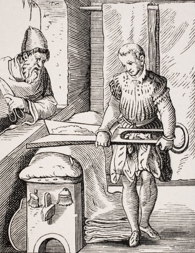 Lavoratore di tessuti, riproduzione di xilografia del XVI secolo, XIX secolo da Jost (after) Amman