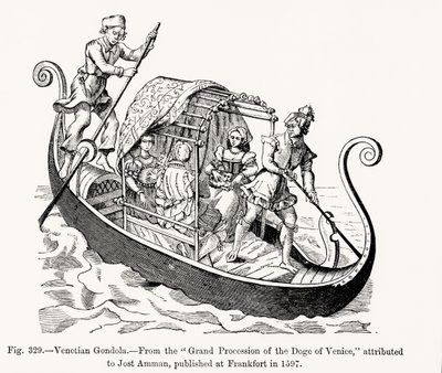 Gondola veneziana, dalla Grande Processione del Doge di Venezia, illustrazione da Scienza e Letteratura nel Medioevo e nel Rinascimento, incisa da Paul Lacroix da Jost (after) Amman