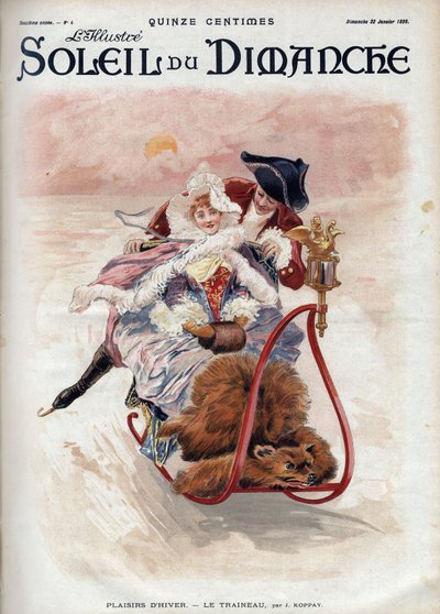 Divertimento invernale: slitta. Una coppia elegante in slitta e pattinaggio sul ghiaccio scivola sulla neve. Secondo J. Koppay. Incisione in "Le soleil-du-dimanche", 22 gennaio da Joszi Arpad Koppay