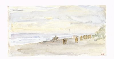 Veduta di spiaggia con cavaliere e sedie da spiaggia da Jozef Israëls