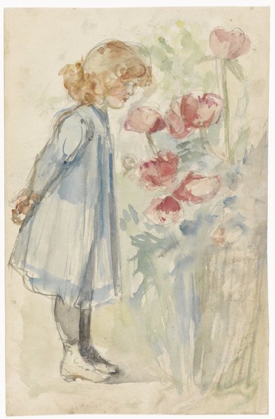 Ragazza in piedi nel giardino fiorito da Jozef Israëls