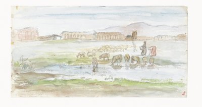 Pianura con pecore, sullo sfondo rovine di un acquedotto da Jozef Israëls
