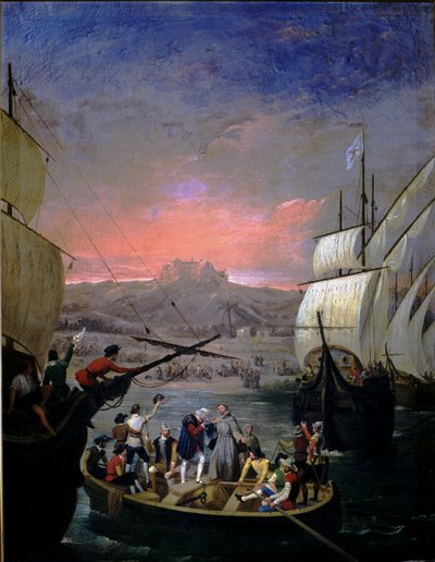 Partenza delle caravelle di Palos Santa Maria, la Pinta e la Nina nel 1492 da Juan Cabral Bejarano