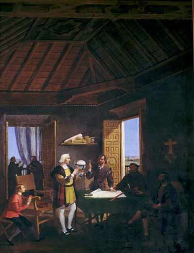 Il fisico Garcia Fernandez Pera Juan Perez e Martin Alonso Pinzon conversano nella sala capitolare del monastero dell