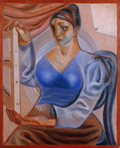 Donna con un dipinto da Juan Gris