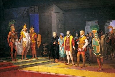 Hernan Cortez incontra Montezuma in Messico da Juan Ortega