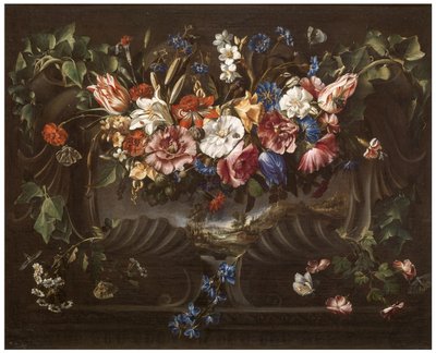 Ghirlanda di fiori con paesaggio da Juan de Arellano