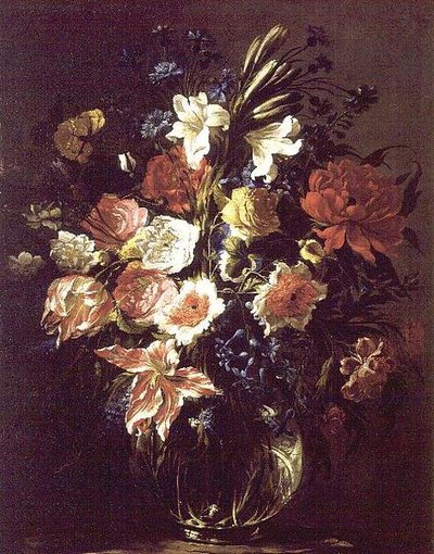 Gigli, peonie, tulipani, fiordalisi e altri fiori in un vaso di vetro su un piedistallo da Juan de Arellano