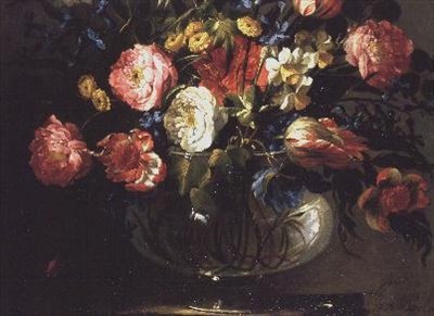 Rose, tulipani, giacinti e gelsomini in un vaso di vetro da Juan de Arellano