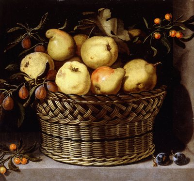 Un cesto di vimini con frutta su un bordo di pietra da Juan van der Hamen y Leon