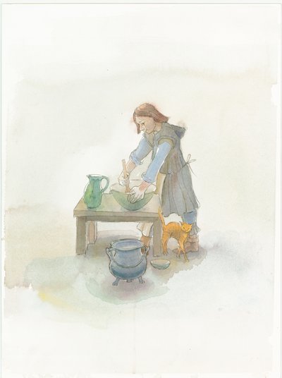 Un cuoco medievale che prepara cibo, 2004 da Judith Dobie
