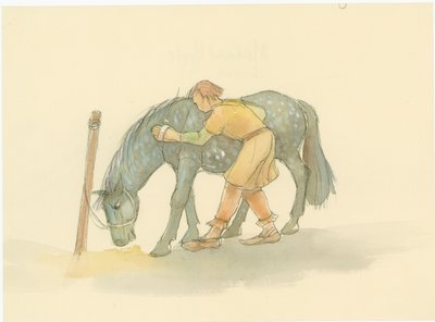 Un palafreniere medievale che spazzola un cavallo, 2004 da Judith Dobie