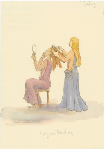 Una dama medievale in attesa, che spazzola i capelli di una dama, 2004 da Judith Dobie