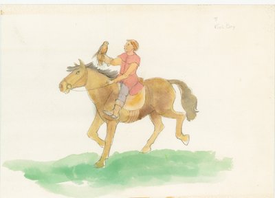 Un uomo medievale, mostrato a cavallo con un uccello da preda sul braccio da Judith Dobie