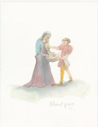 Un paggio medievale che aiuta una dama a lavarsi le mani da Judith Dobie
