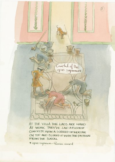 Il maestro artigiano e i suoi lavoratori posano un pavimento per il mosaico di Giulia, 2003 da Judith Dobie