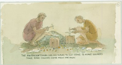 Due personaggi che tagliano pietre per fare piccoli quadrati per il mosaicista da Judith Dobie