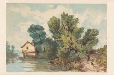 Paesaggio con passeggiatore e casa sull