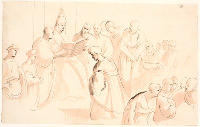 Composizione figurativa intorno a un papa seduto e leggente da Jürgen Ovens