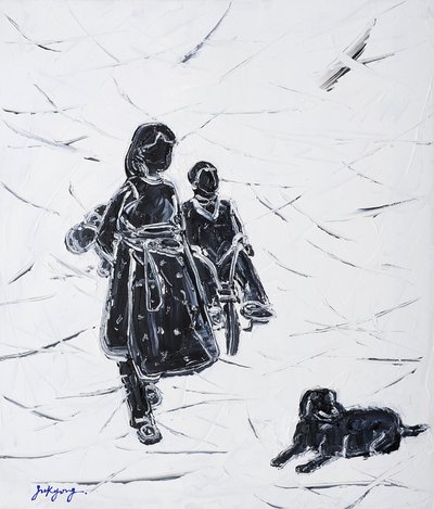 Bambini che portano a spasso il cane da Jukyong Park