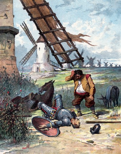 Don Chisciotte ha combattuto con i mulini a vento ed è caduto da cavallo, Sancho Panza guarda il suo padrone, illustrazione del libro di Miguel de Cervantes "Histoire de Don Quichotte", incisione dopo Jules David da Jules (after) David