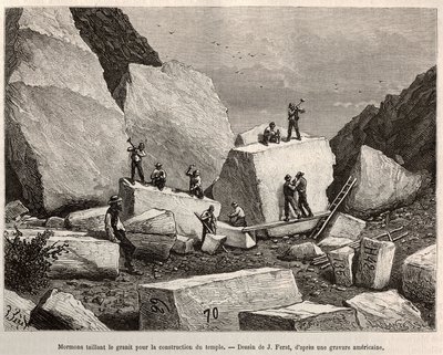 Mormoni che scolpiscono granito per la costruzione del tempio. Incisione dal disegno di J. Ferat, per illustrare la storia La conquista bianca, di William Hepworth Dixon, nel 1875, pubblicato in Le tour du monde, 1876, a cura di Edouard Charton, edizione H da Jules (after) Ferat