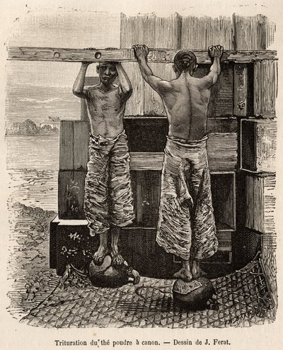 La frantumazione del tè in una fabbrica di polvere da sparo a Fati Bay (provincia di Canton) da Jules (after) Ferat