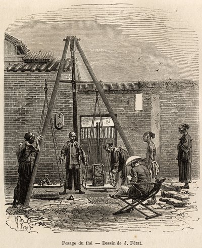 La pesatura del tè prima della sua spedizione sui mercati commerciali in una fabbrica di polvere da sparo a Fati Bay (Provincia di Canton), inciso da un disegno di J.Ferat illustrante il viaggio in Cina, di J. Thompson, nel 1870-1872, pubblicato in "Le tou da Jules (after) Ferat