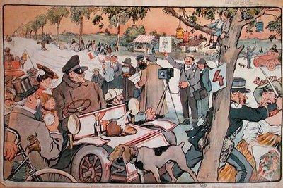 Caricatura di M. Fournier che parte per il rally Parigi-Berlino da Jules Abel Faivre