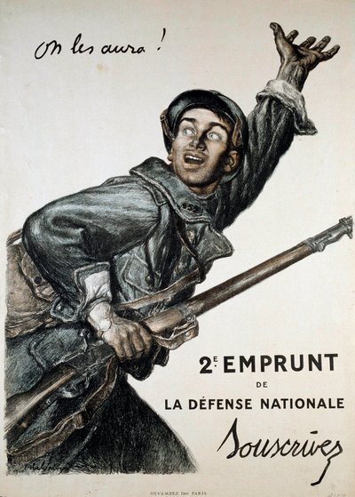 Prima Guerra Mondiale (1914-1918): manifesto di Abel Faivre (1867-1945) per il prestito nazionale. Un soldato esorta il pubblico a sottoscriverlo “Li prenderemo!” - 2° Prestito della Difesa Nazionale - Sottoscrivete da Jules Abel Faivre
