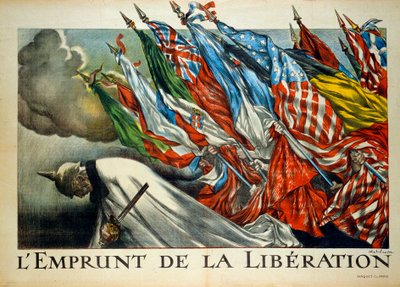 Prima Guerra Mondiale: "Il Prestito della Liberazione", Guglielmo II (1859 - 1941) piegato sotto le bandiere alleate. Illustrazione di Abel Faivre (1867-1945) da Jules Abel Faivre