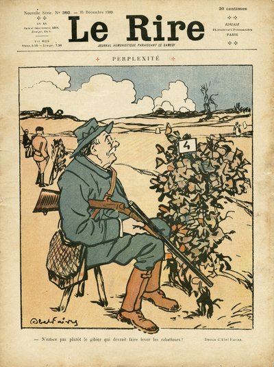 Illustrazione di Abel Faivre (1867-1945) per la Copertina di Le Rire, 25/12/09 - Perplessità - Campagna, Tempo libero, Caccia cacciatore da Jules Abel Faivre
