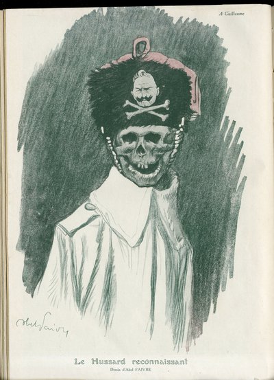 Illustrazione di Abel Faivre (1867-1945) in Fantasio, 01/05/15 - Il grato Ussaro - Guerra del 14-18, Germania Prussiana - Guglielmo II, Mietitore/Compagno - Morte, Volti Sorridenti da Jules Abel Faivre