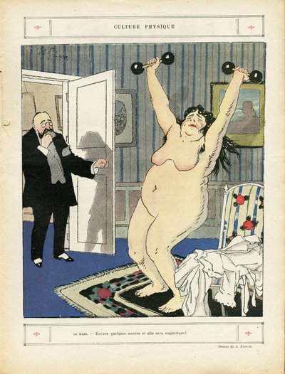 Illustrazione di Abel Faivre in Le Rire, 03/05/13 - Cultura fisica - Sport, Obesità, Nudità - Donne da Jules Abel Faivre